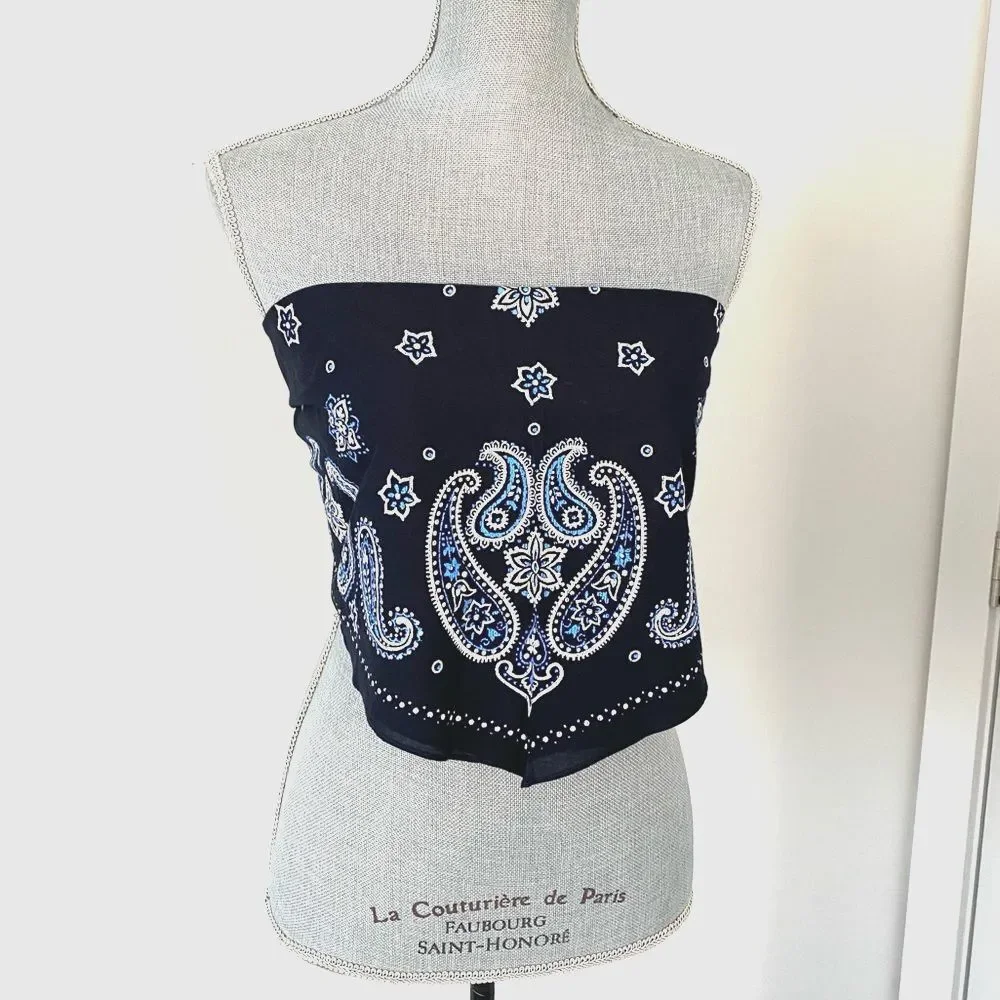American Eagle Navy Blue Paisley Triangle Bandana / Sarong /Top Tassels Vacation